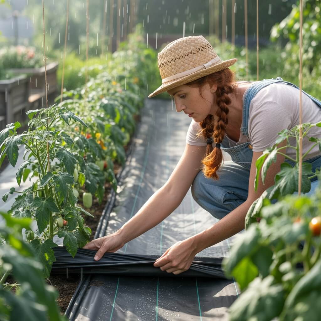 pani ogrodniczka układa agrotkaninę pomiędzy krzakami pomidorów i ogórków